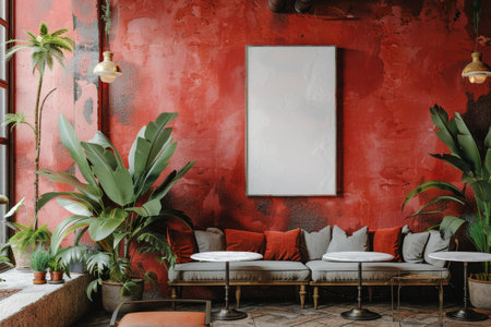 A living room featuring red walls and various potted plants placed strategically around the room.の素材