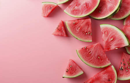 Fresh slices of watermelon arranged on a vibrant pink background.の素材