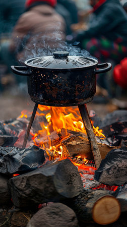 A large pot sits atop a roaring fire, heating up ingredients for cooking or brewing.の素材