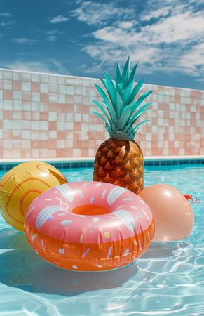 A pineapple, a donut float, and a pineapple-shaped pool float bob in a pool of clear water on a sunny day.の素材