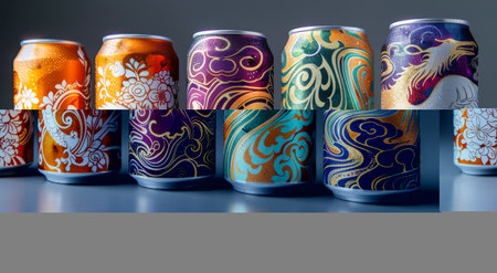 Various cans featuring unique designs and patterns lined up together.の素材