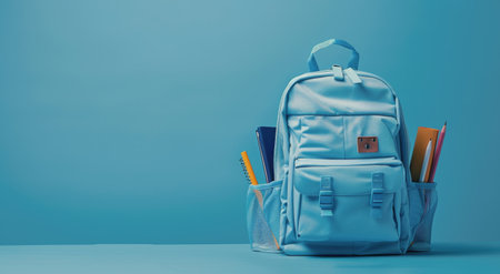 A blue backpack placed on a blue background, creating a simple and monochromatic composition.の素材