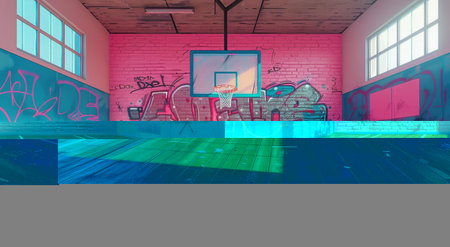 An empty basketball court featuring graffiti-covered walls. The urban setting provides a stark contrast to the sport facility, merging street art with athletic space.の素材