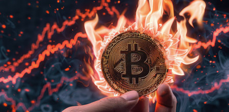 A persons hand holding a flaming bitcoin in a close-up shot.の素材