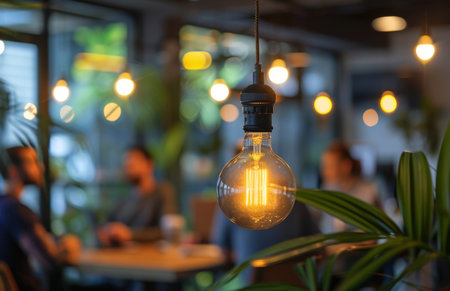 People seated at table, discussing, with light bulb in distance emitting glow.の素材