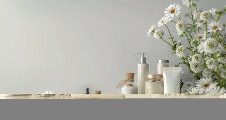 Various white beauty products, including bottles and jars, are displayed with fresh daisies on a white background.の素材