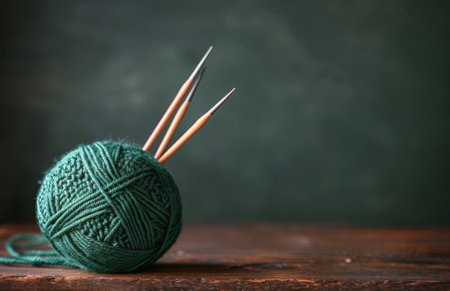 A ball of green yarn and a single knitting needle resting on a wooden table.の素材