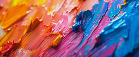 Detailed view of vibrant and varied colors of paint applied on a textured canvas surface.の素材