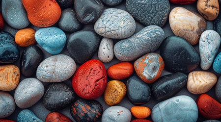 A close up view of a pile of colorful rocks arranged in a vibrant display, showing various shapes, sizes, and hues.の素材