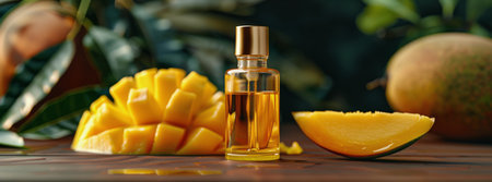 Bottle of mango oil and a slice of mango arranged on a wooden table.の素材