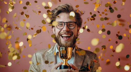 A bearded man proudly holds a trophy in front of a backdrop of colorful confetti, celebrating his victory.の素材