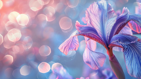 A blue iris flower stands in front of a blurred bokeh background.の素材