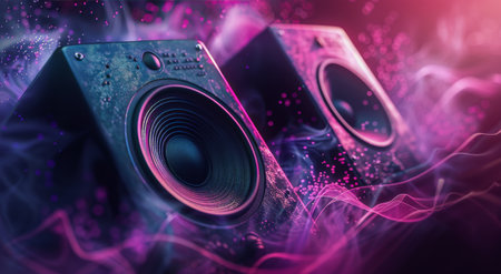 A speaker set against a purple background, standing out with its sleek design and modern appeal.の素材