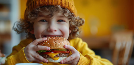 A young child is enjoying a hamburger while sitting against a vibrant yellow background.の素材