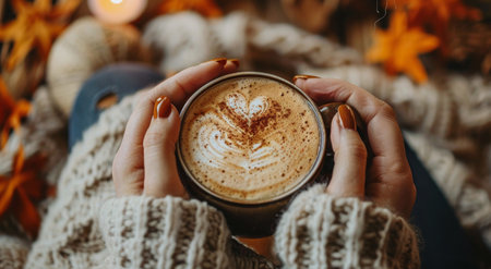 A woman is standing holding a cup of coffee in front of a row of candles, creating a cozy and warm ambiance.の素材