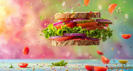 A stack of sandwiches is seen flying through the air, suspended in mid-flight.の素材