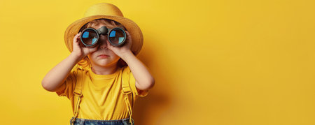 A young boy wearing a hat holds a pair of binoculars, looking intently, against a bright yellow background.の素材