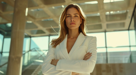 A professional woman wearing a white suit standing confidently in an office setting.の素材