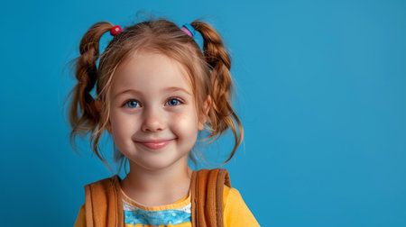 A young girl with braided hair holding a backpack in her hands.の素材