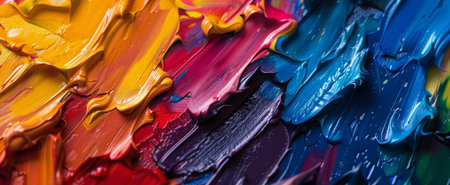 A detailed close-up view of vibrant and colorful paint strokes on a canvas, showing the intricate textures and blending of various hues.の素材