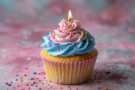Two cupcakes with blue and pink frosting sit on a table, each topped with a candle ready to be blown out.の素材