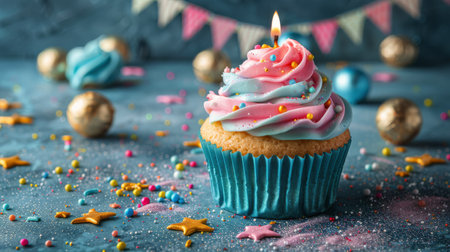A single cupcake with a lit candle on top, set against a solid blue background.の素材