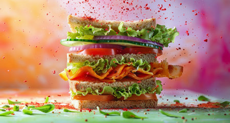 A sandwich piled high with colorful vegetables and savory meat fillings.の素材
