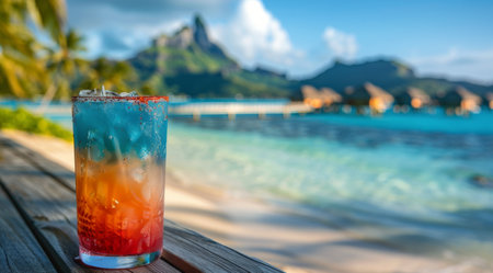 A refreshing drink sits on a wooden deck, offering a serene view of the vast ocean below.の素材