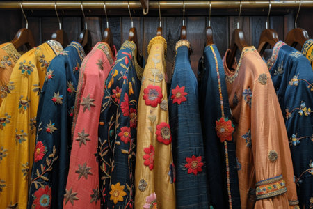 Various vibrant Indian dresses hanging neatly on display rack in a row.の素材
