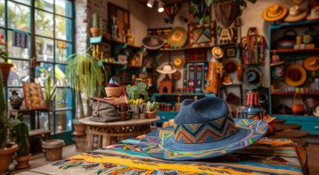 A vibrant hat with various colors and patterns is placed on a wooden table inside a traditional Mexican shop.の素材