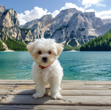 A white dog stands on a wooden dock next to a serene lake, gazing at the calm water.の素材