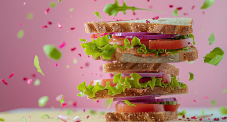 A stack of sandwiches is seen flying through the air, suspended in mid-flight.の素材