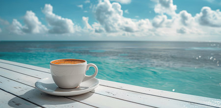A steaming cup of coffee resting on a wooden deck while overlooking the vast ocean below.の素材