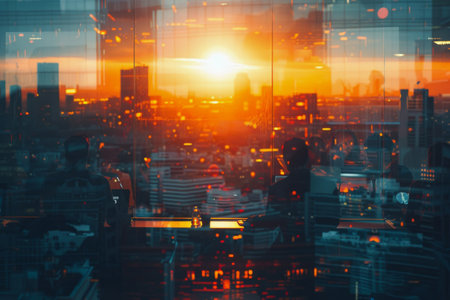 Business professionals diligently working in an office as the sun sets over the bustling city skyline.の素材