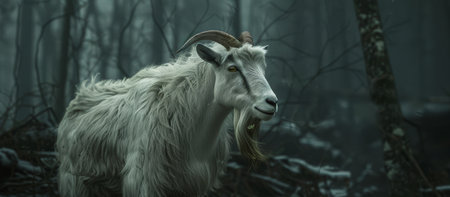A white goat with long horns stands in the lush green grass.の素材