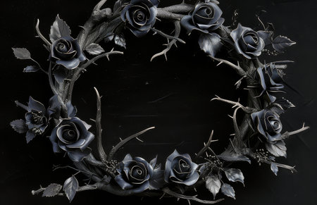 A wreath made of black roses displayed against a black background.の素材
