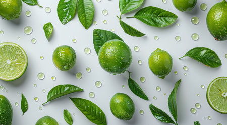 Several limes and green leaves arranged on a white background.の素材