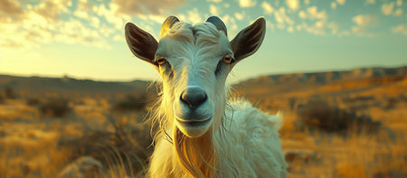 A goat stands in a field as the sun sets, casting a warm glow over the landscape.の素材