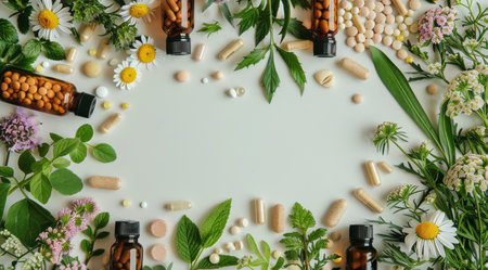 Various herbs and medicine bottles arranged neatly on a white background.の素材