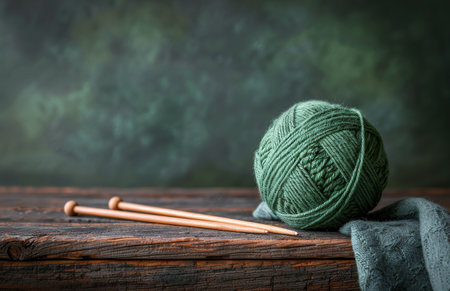 A ball of green yarn is placed alongside knitting needles on a wooden table.の素材