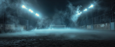 A hockey goal releasing smoke after a shot, highlighting the intense action on the ice.の素材