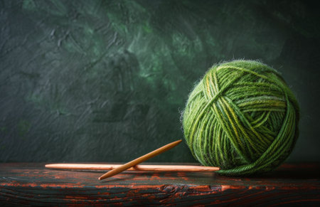 A ball of green yarn is placed alongside knitting needles on a wooden table.の素材