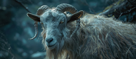 A white goat with long horns stands in the lush green grass.の素材