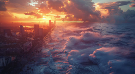 A birds eye view of a city as powerful waves crash over the buildings, flooding the streets below.の素材