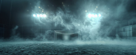 A hockey goal releasing smoke after a shot, highlighting the intense action on the ice.の素材