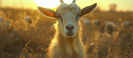 A goat stands in a field as the sun sets, casting a warm glow over the landscape.の素材