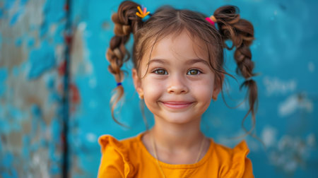 A happy little girl stands in front of a vibrant blue wall, smiling brightly.の素材