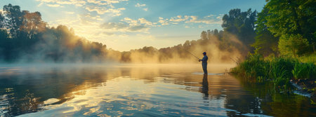 Man fishing in river under sunrise light, holding fishing rod, surrounded by water and nature.の素材