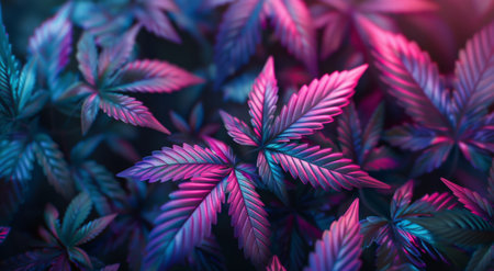 Detailed view of marijuana leaves in shades of purple and blue, showcasing their intricate textures and colors.の素材