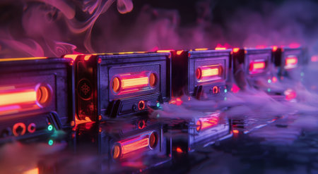 A row of neon colored cassettes with smoke billowing out of them, creating a vibrant and unusual visual display.の素材